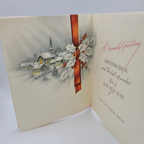 Vintage Yuletide Greetings Christmas Card With Winter Scene & Red Bow - Picture 4 of 7